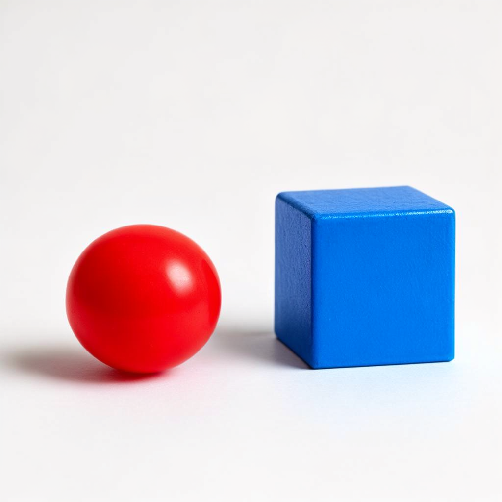 A red ball and a blue cube sitting side by side on a white s