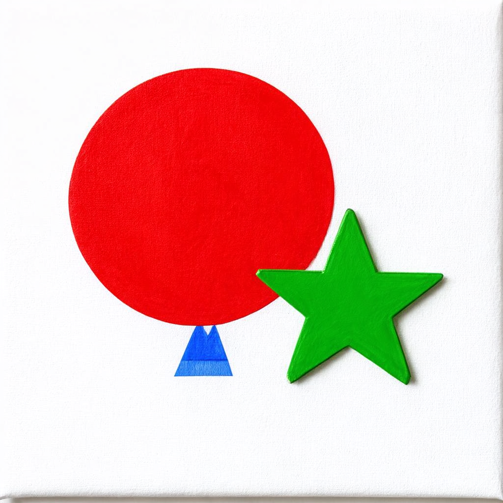 A large red circle, a small blue triangle, and a medium gree