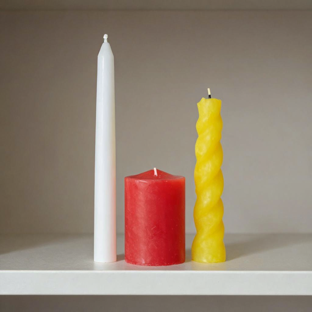 A tall thin white candle, a short fat red candle, and a medi