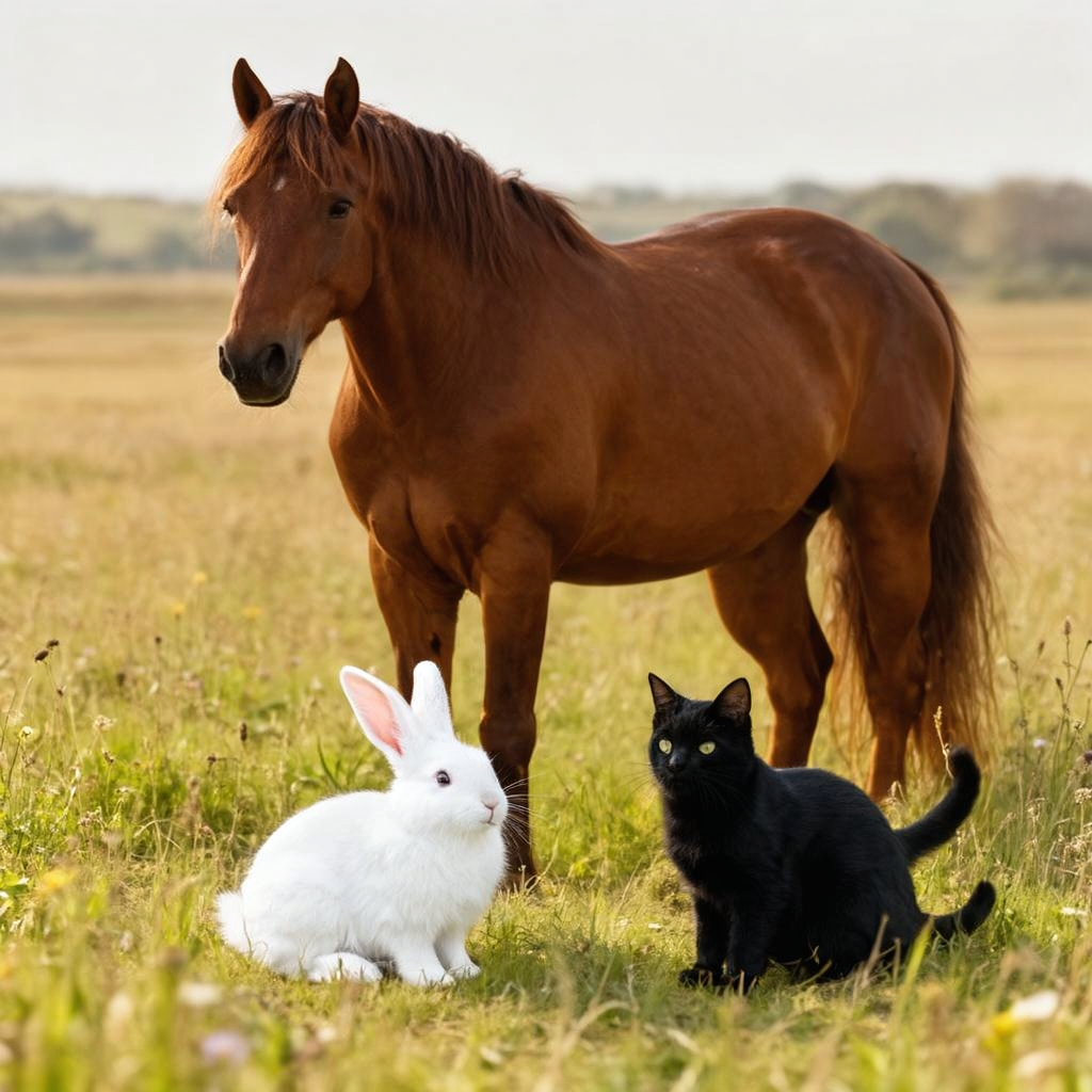 A big brown horse, a small white rabbit, and a medium-sized 