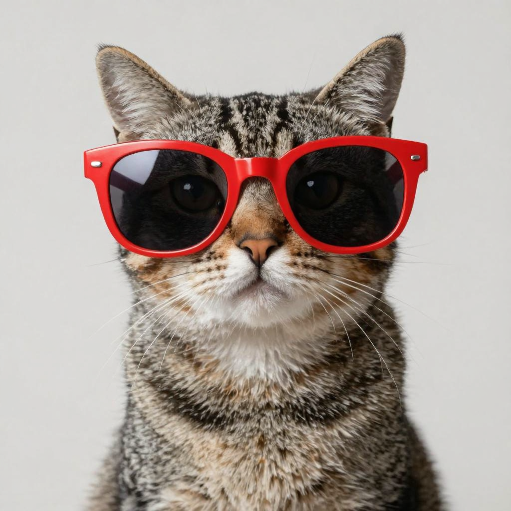 A tabby cat wearing oversized red sunglasses