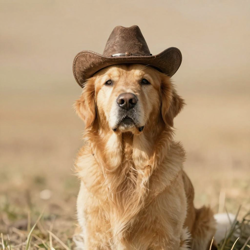 A golden retriever wearing a tiny cowboy hat