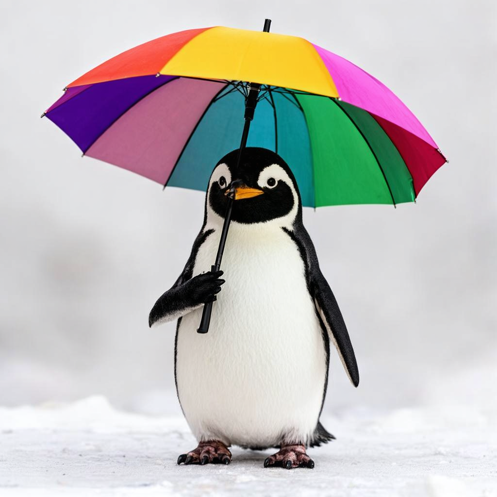 A penguin holding a colorful umbrella