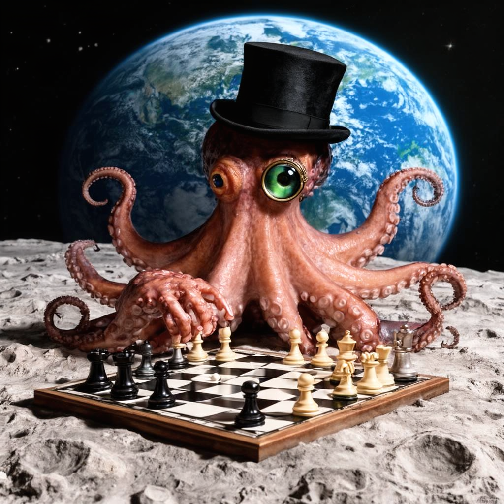 An octopus wearing a top hat and monocle playing chess on th
