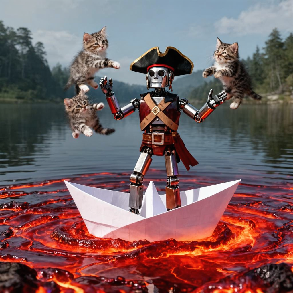 A robot dressed as a pirate sailing a paper boat on a lake o