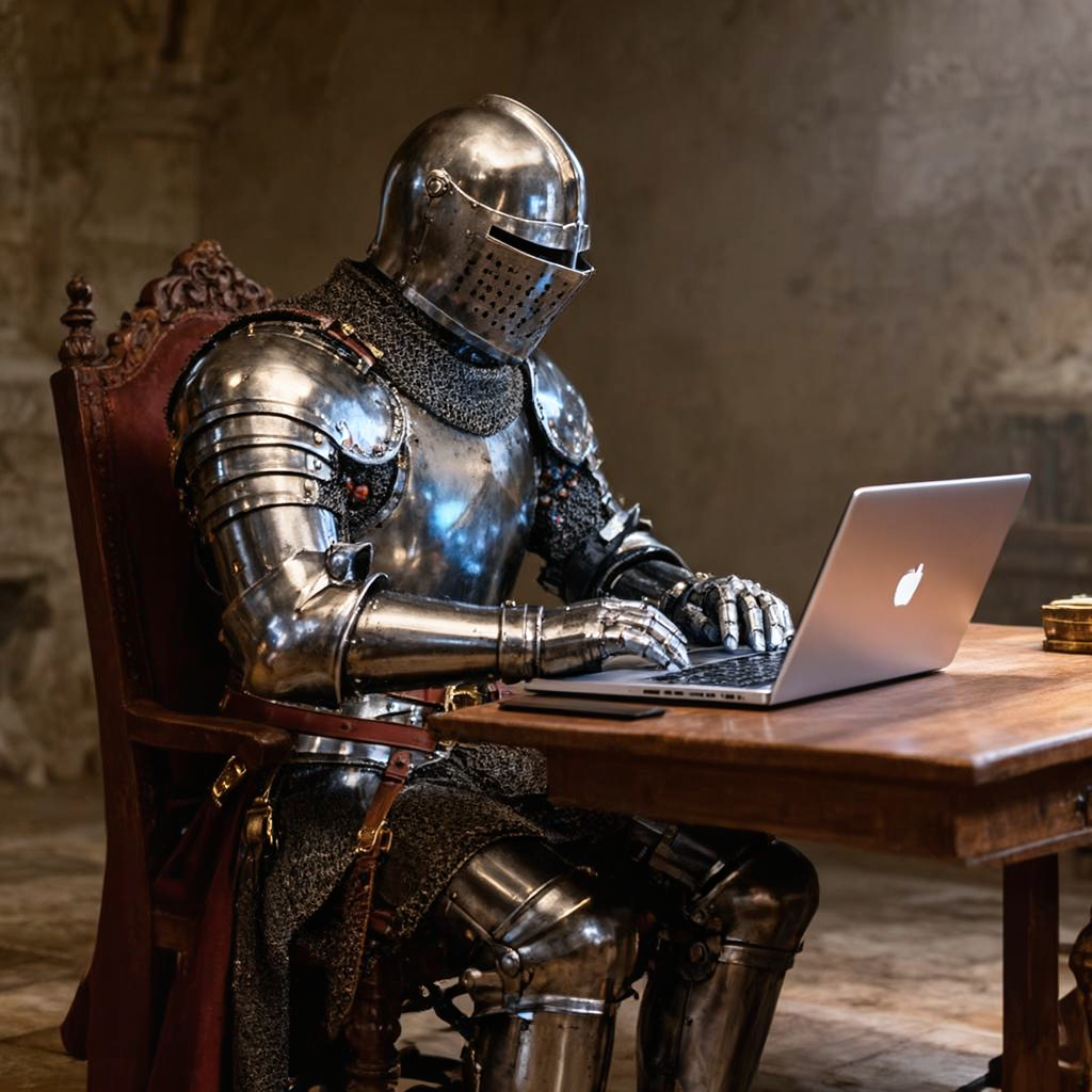 A medieval knight in full armor sitting at a desk typing on 