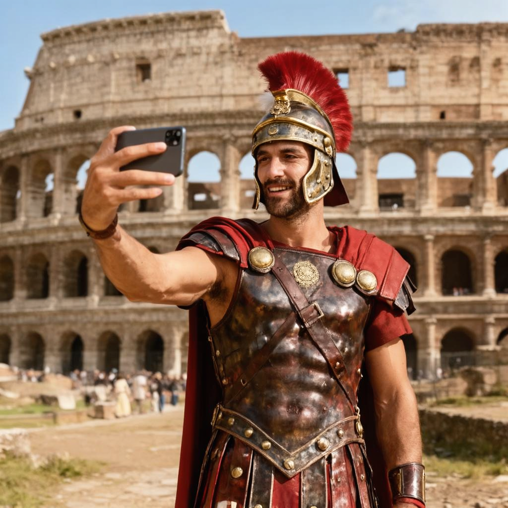 A Roman gladiator taking a selfie with a smartphone in the C
