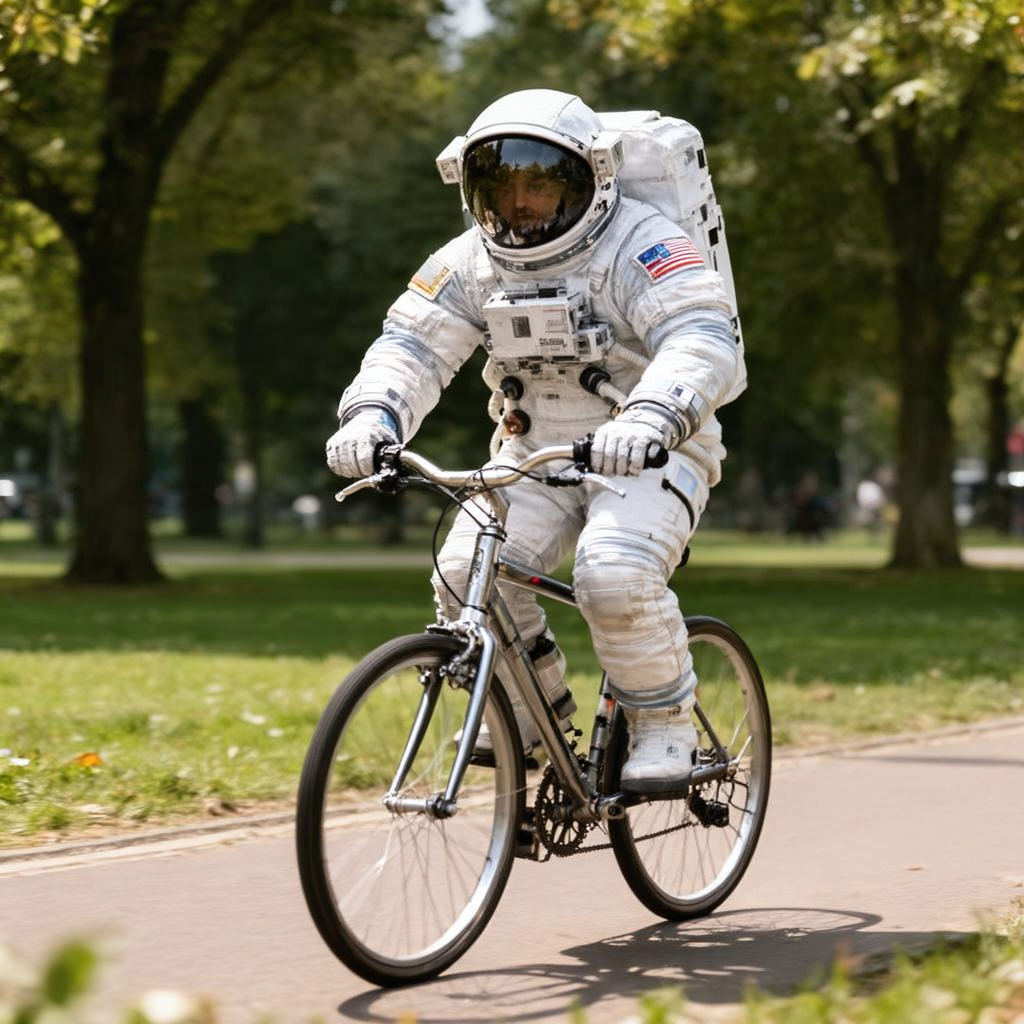 An astronaut in a spacesuit riding a bicycle through a park