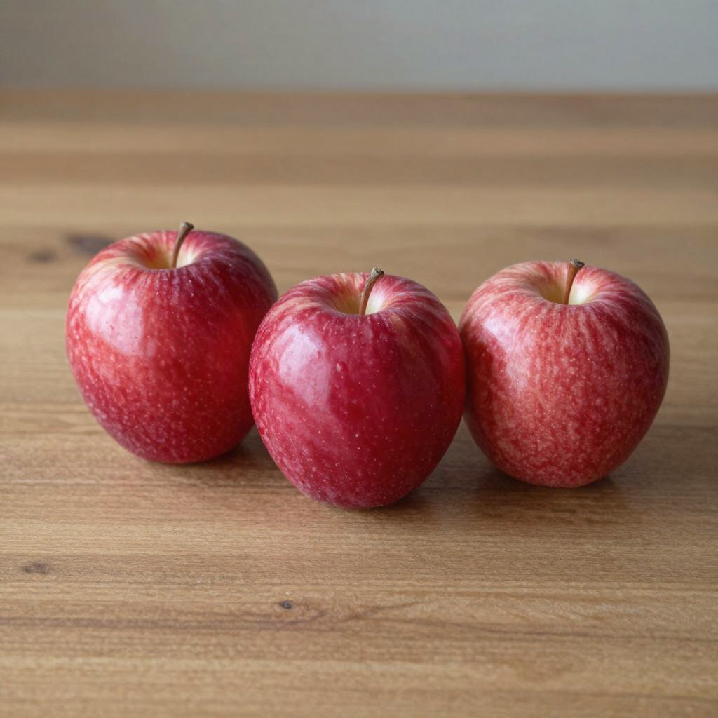 Exactly 3 red apples arranged on a wooden table