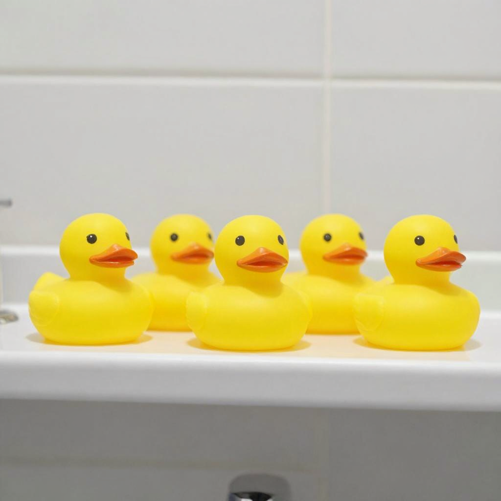 Exactly 5 yellow rubber ducks sitting in a row on a bathroom