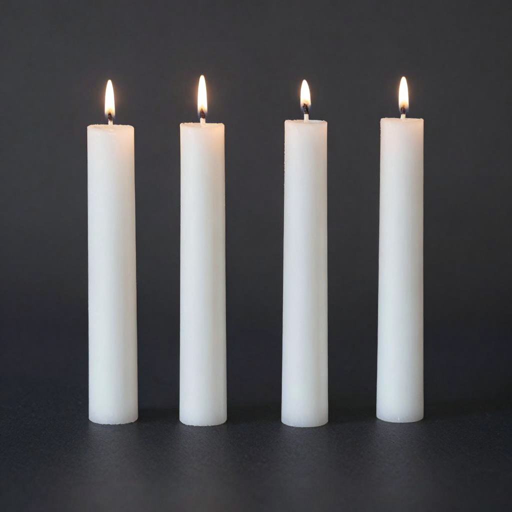 Exactly 4 white candles standing on a dark surface
