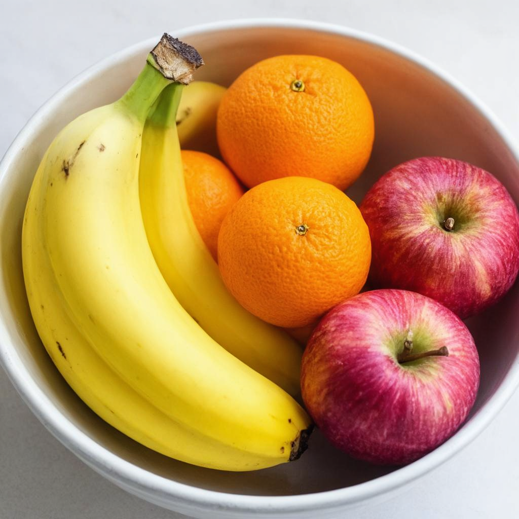 A fruit bowl containing exactly 3 bananas, 4 oranges, and 2 