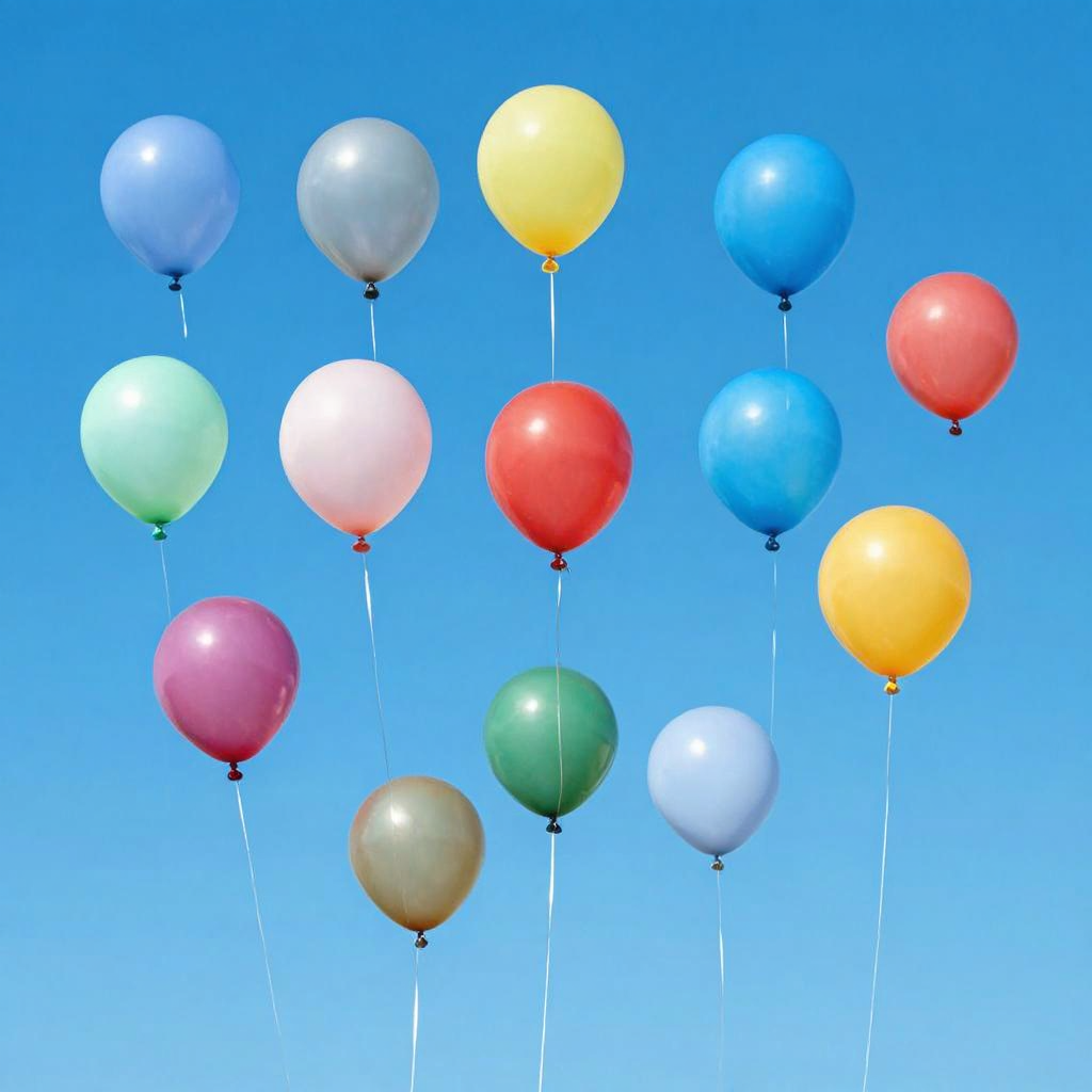 Exactly 11 colorful balloons floating against a clear blue s