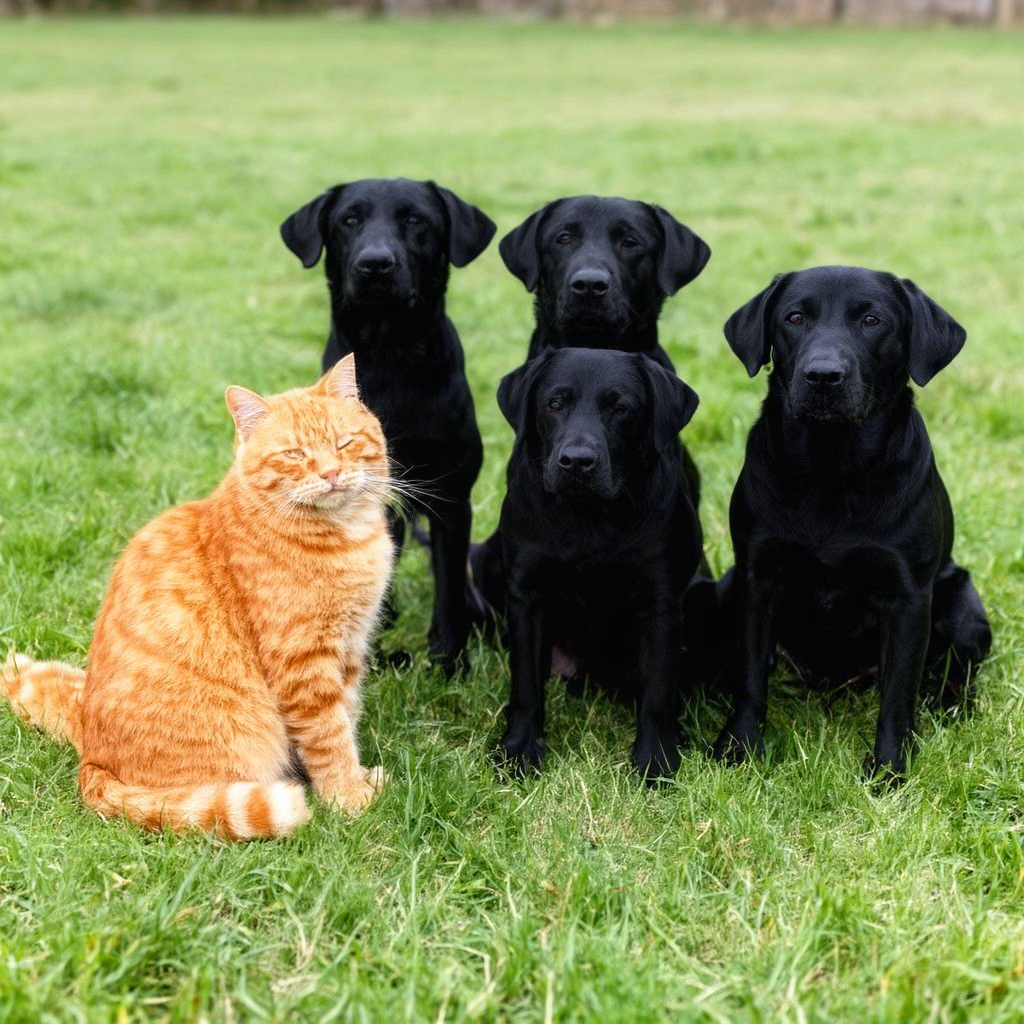 2 orange cats and 3 black dogs sitting together on a grassy 