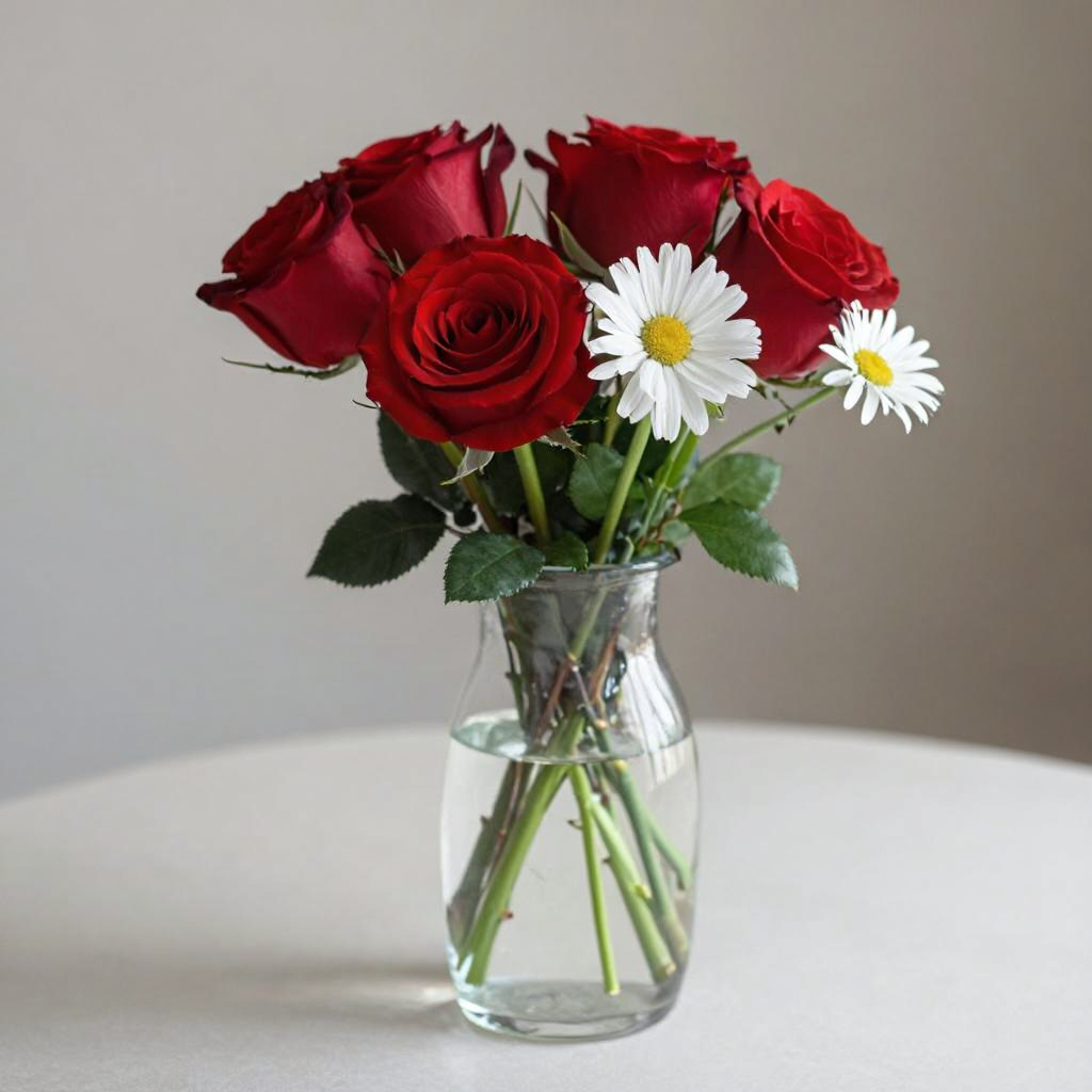 4 red roses and 2 white daisies in a glass vase on a table