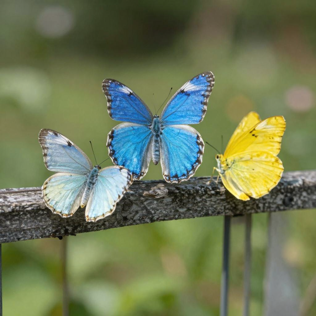 1 blue butterfly and 3 yellow butterflies resting on a garde