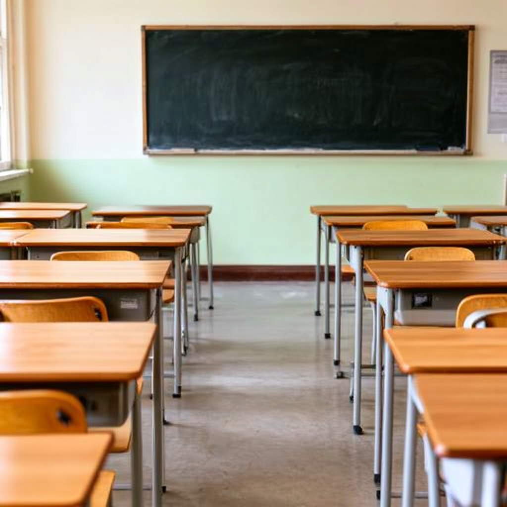 A classroom with desks and a chalkboard but no students