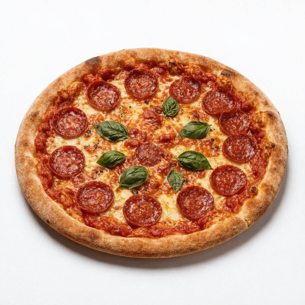 A pepperoni pizza with tomato sauce, basil, and crust but ab