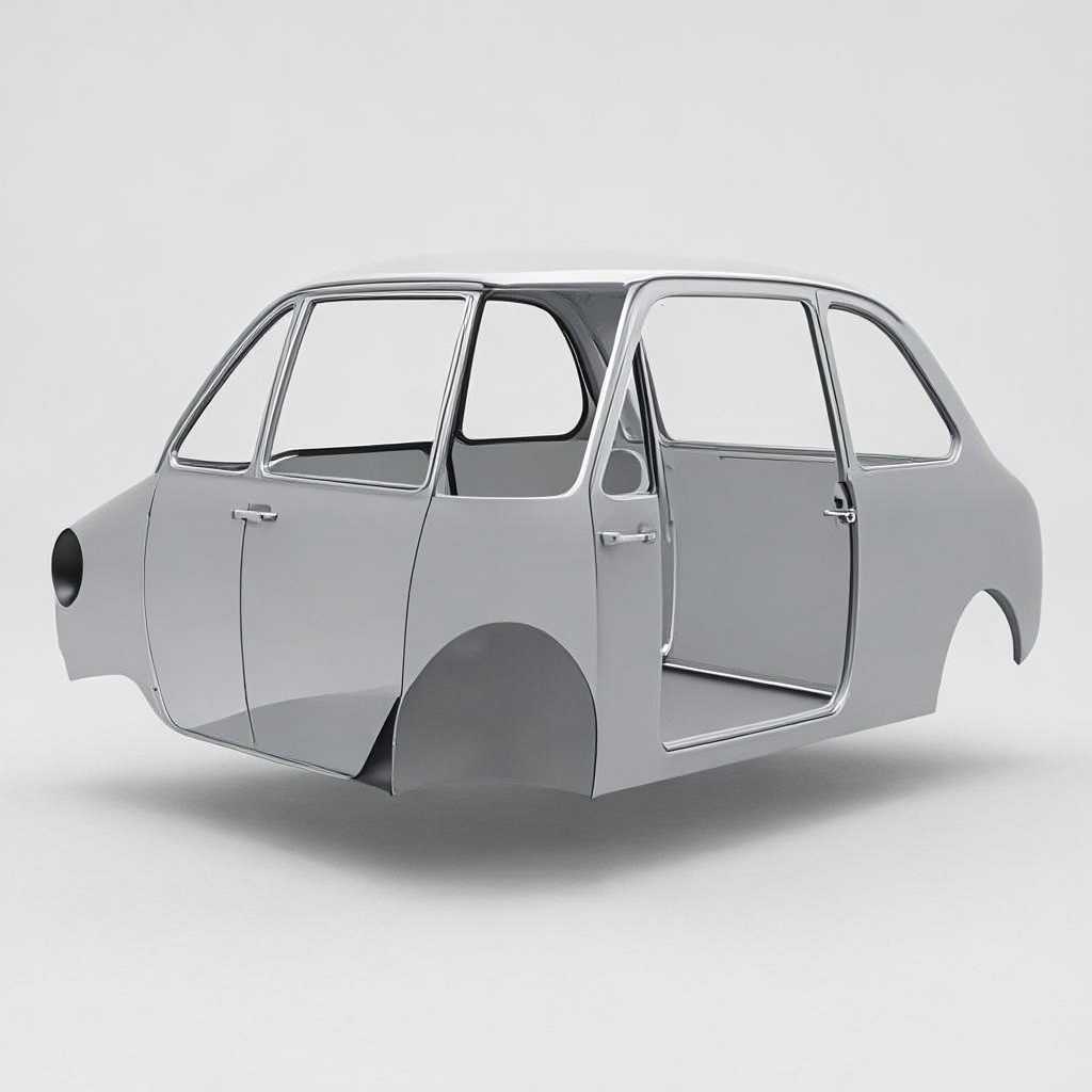 A car body with windows, doors, and headlights but no wheels