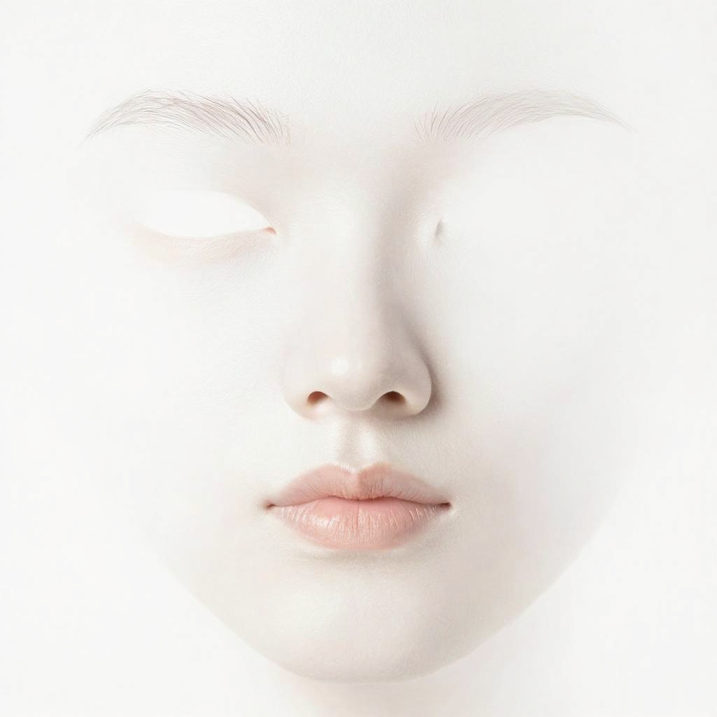 A human face with eyes, nose, and mouth but no eyebrows