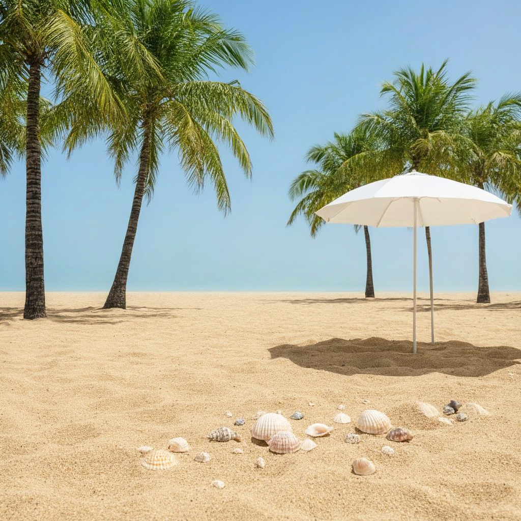 A sandy beach with palm trees, seashells, and a beach umbrel