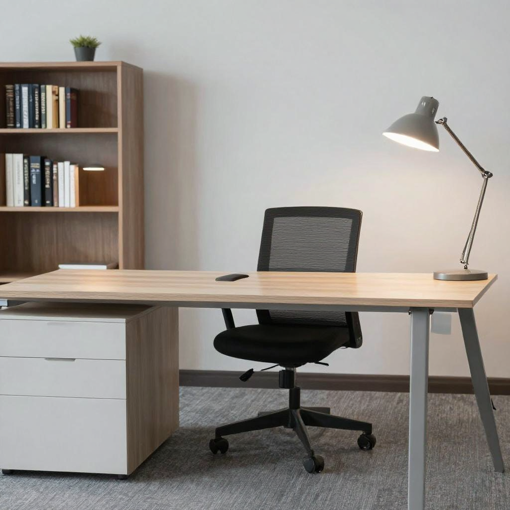 An office workspace with a desk, chair, bookshelf, and lamp 