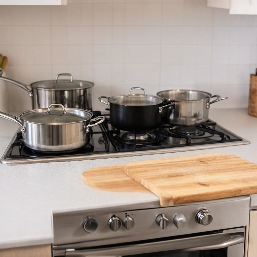 A kitchen with pots, pans, a stove, and a cutting board but 