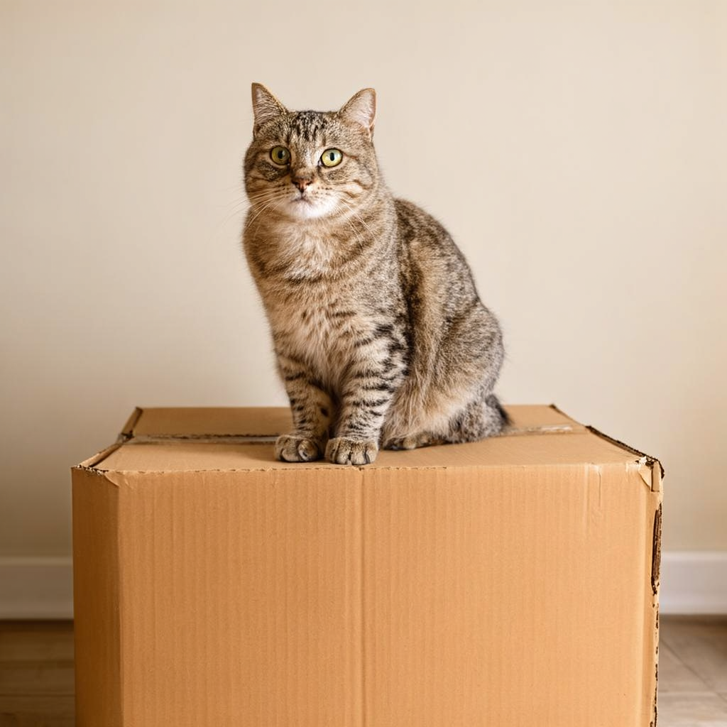 A cat sitting on top of a cardboard box