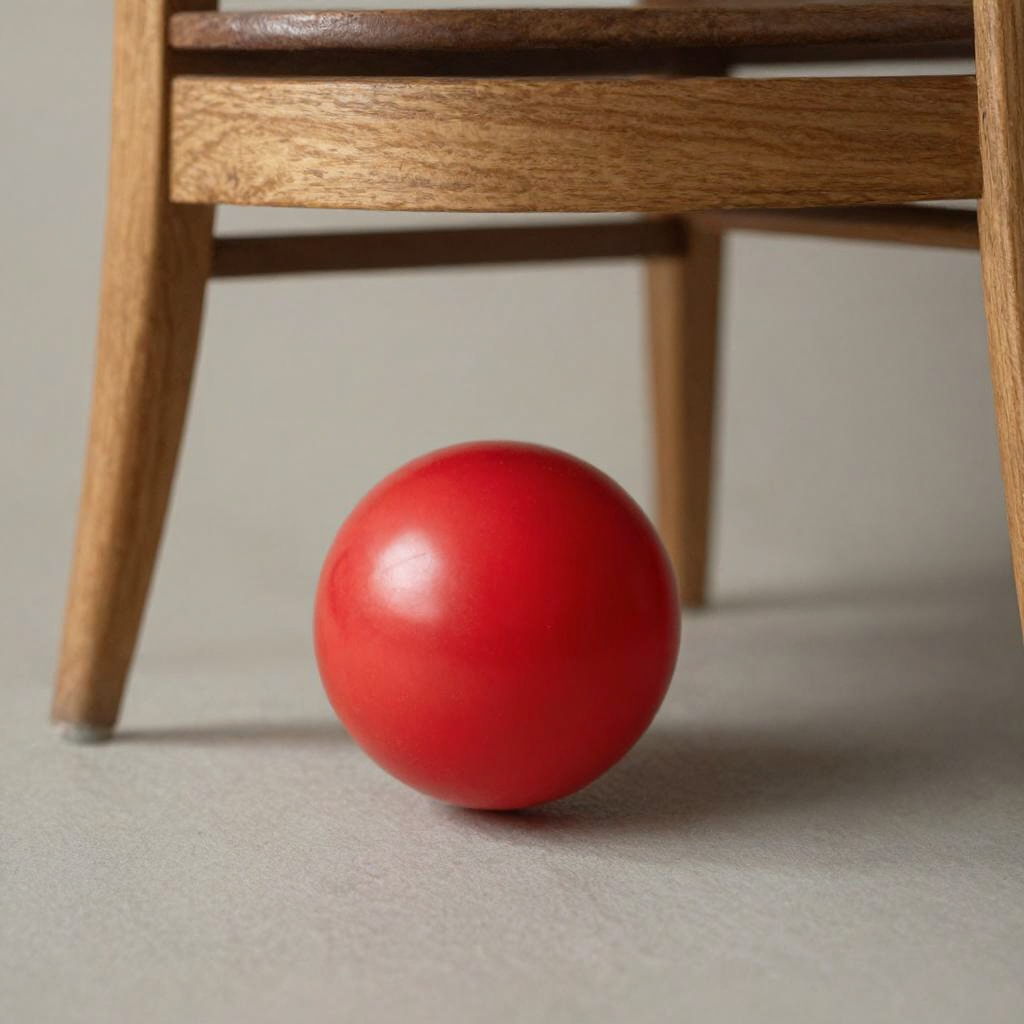 A red ball underneath a wooden chair