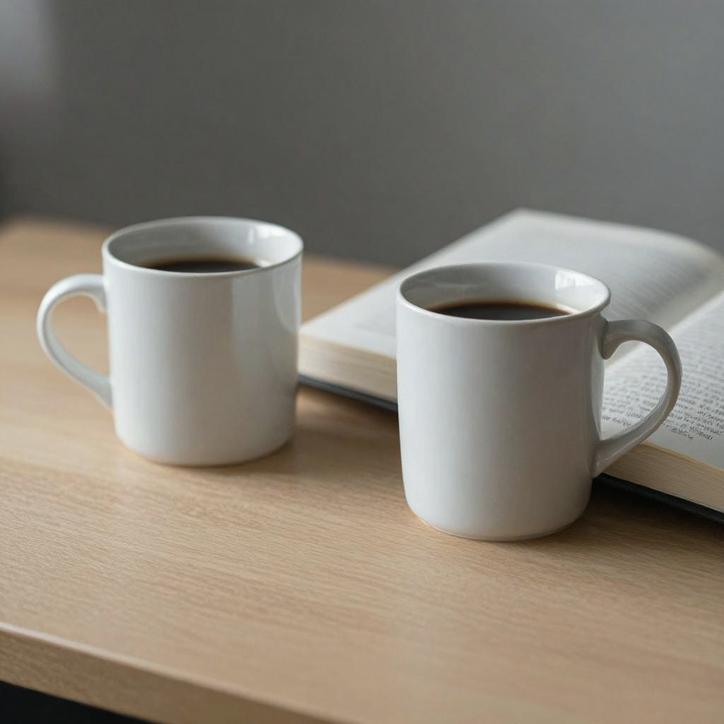 A coffee mug next to an open book on a desk