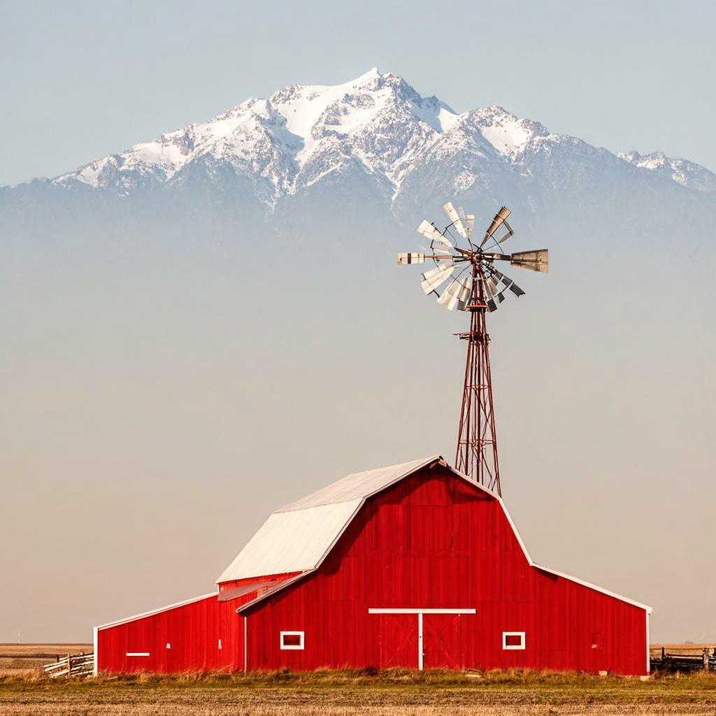 A landscape with a red barn in the foreground at large scale