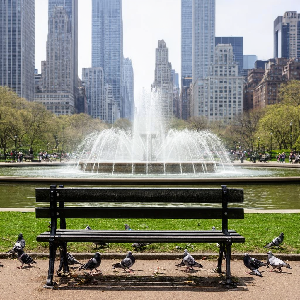 A city park with a park bench and pigeons in the foreground,