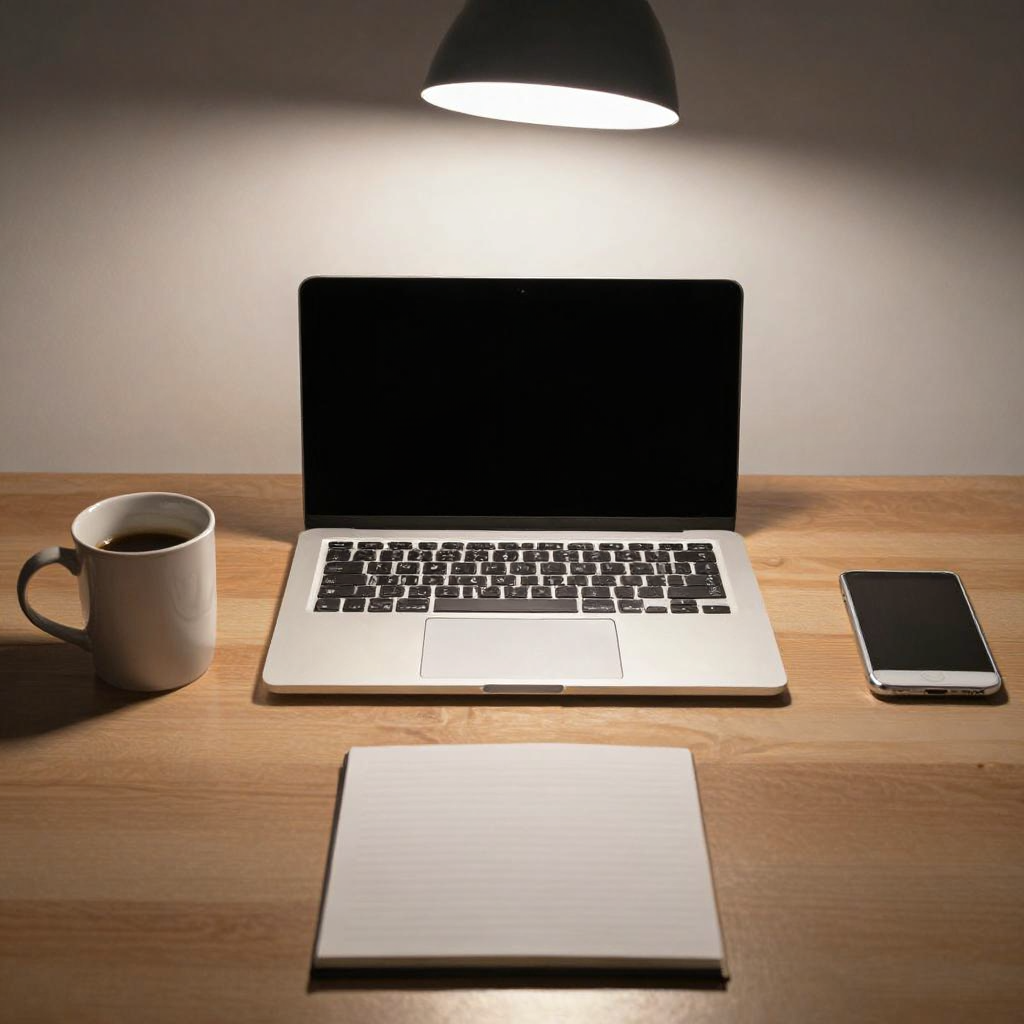 A desk scene: laptop in the center, coffee mug to the left, 