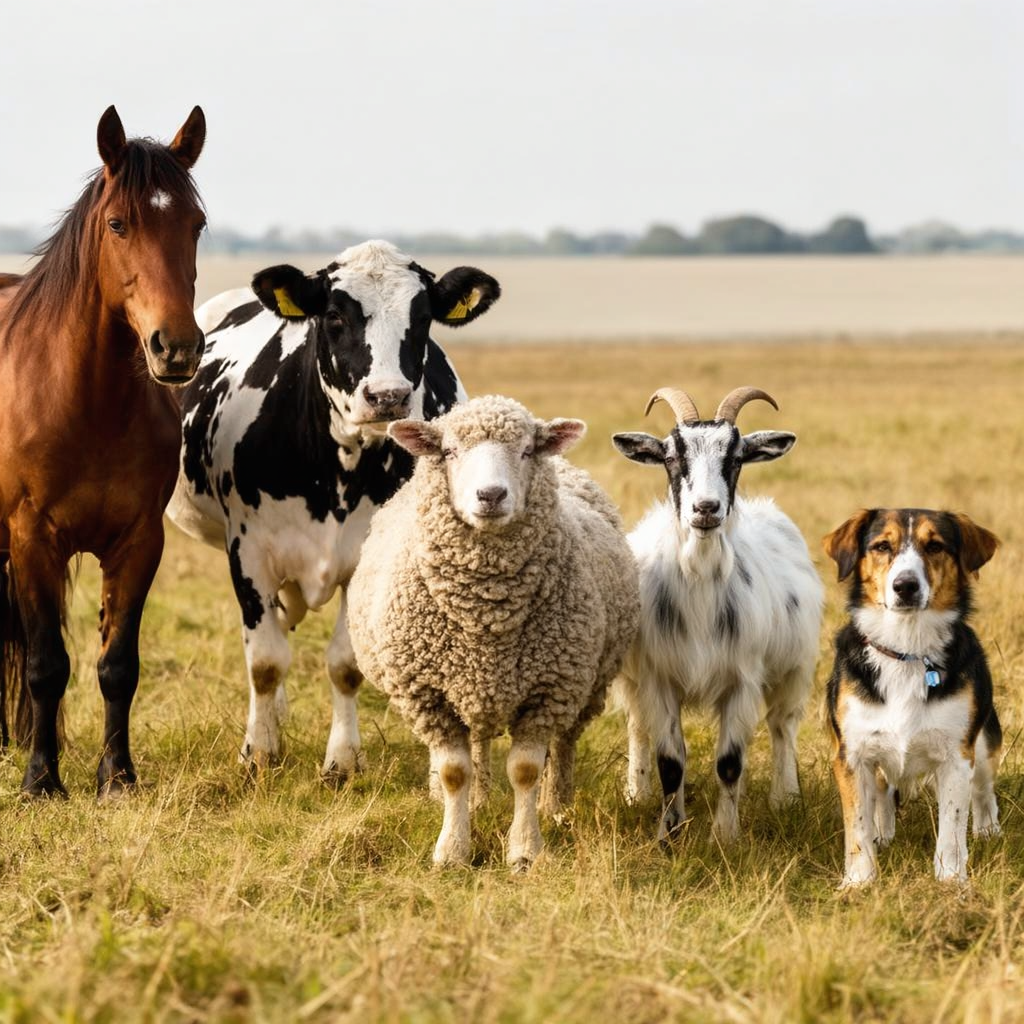 Five animals in a field: a horse on the far left, a cow to t