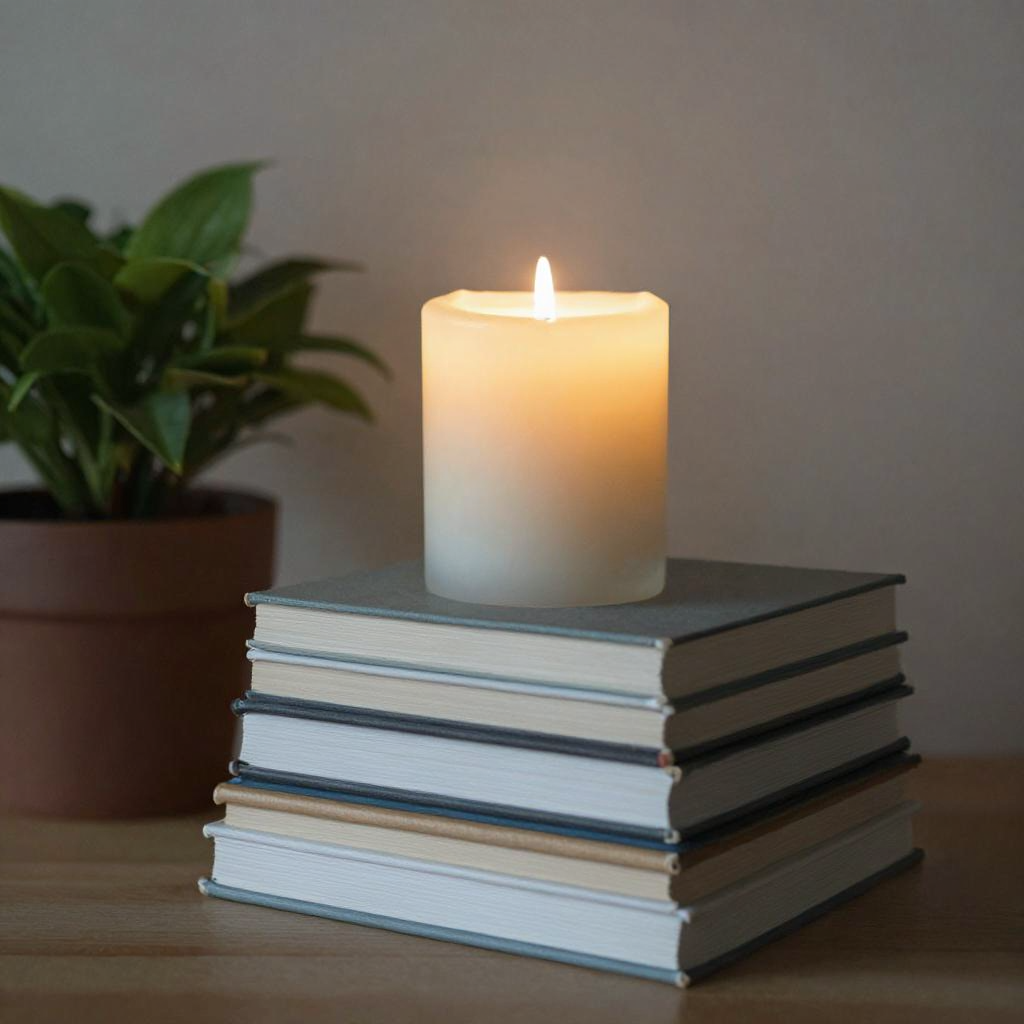A candle on top of a stack of books, the books next to a pot