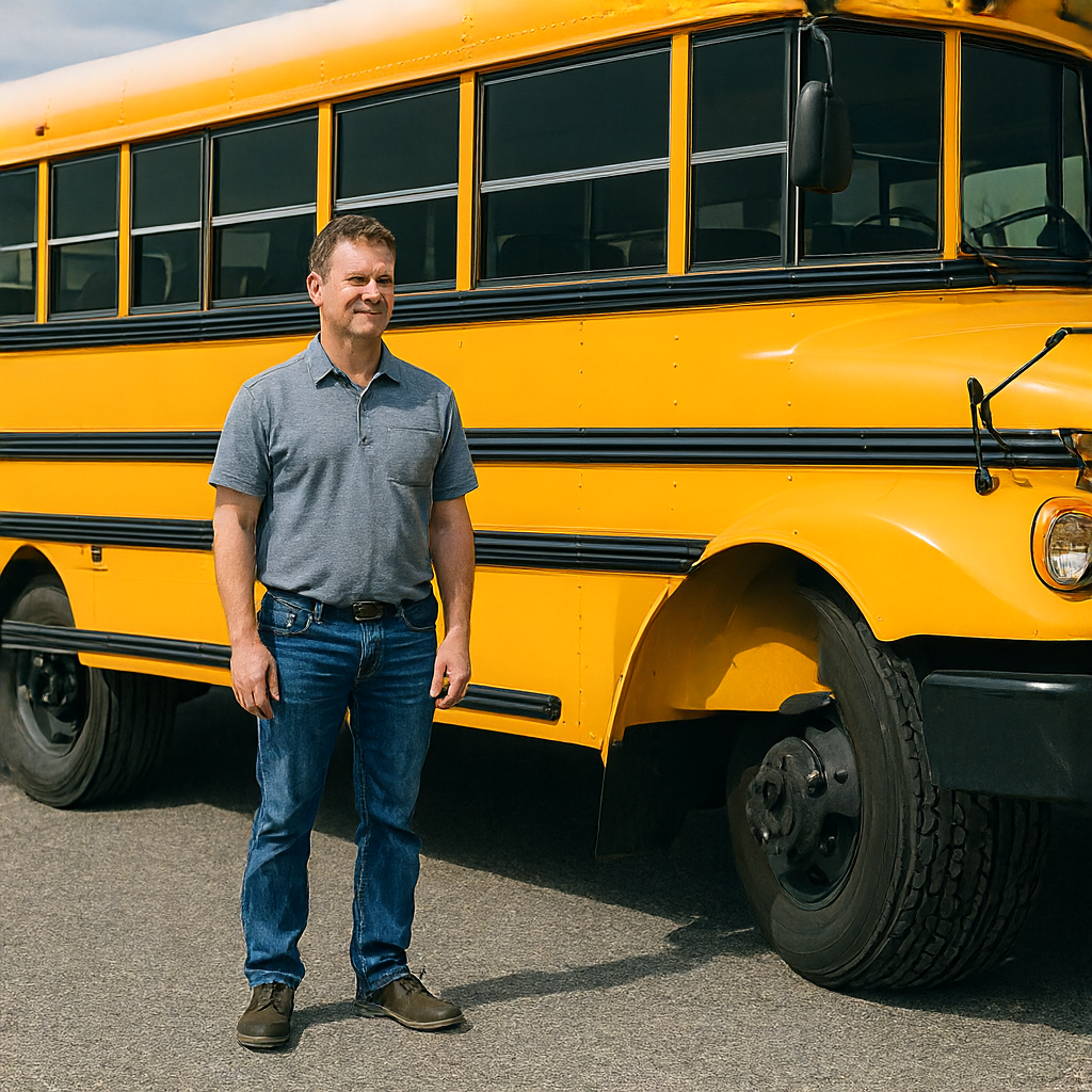 A person standing next to a yellow school bus, showing reali