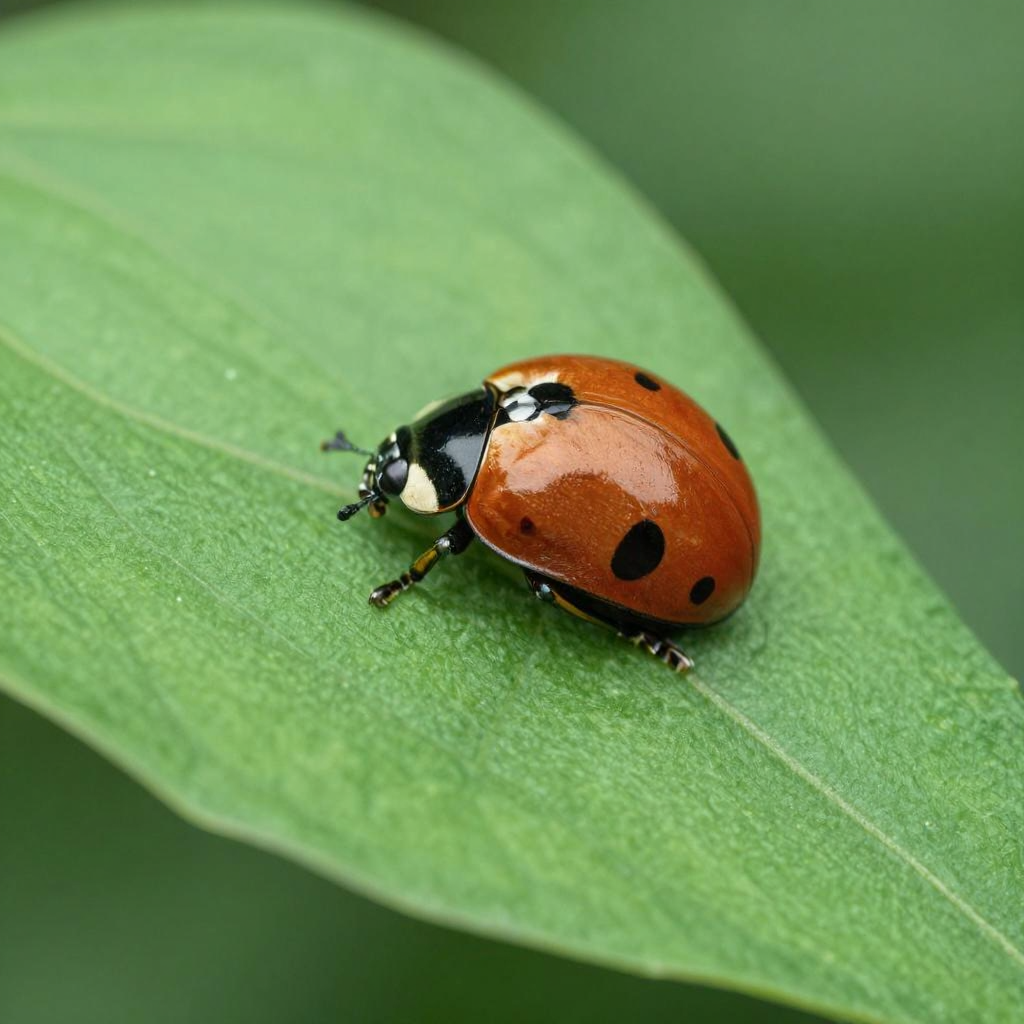 A ladybug sitting on a large green leaf, shown at realistic 