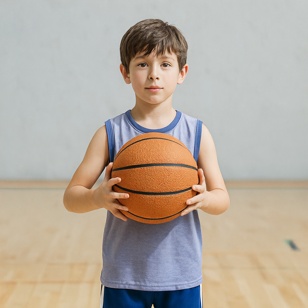 A child holding a basketball, both at correct relative sizes