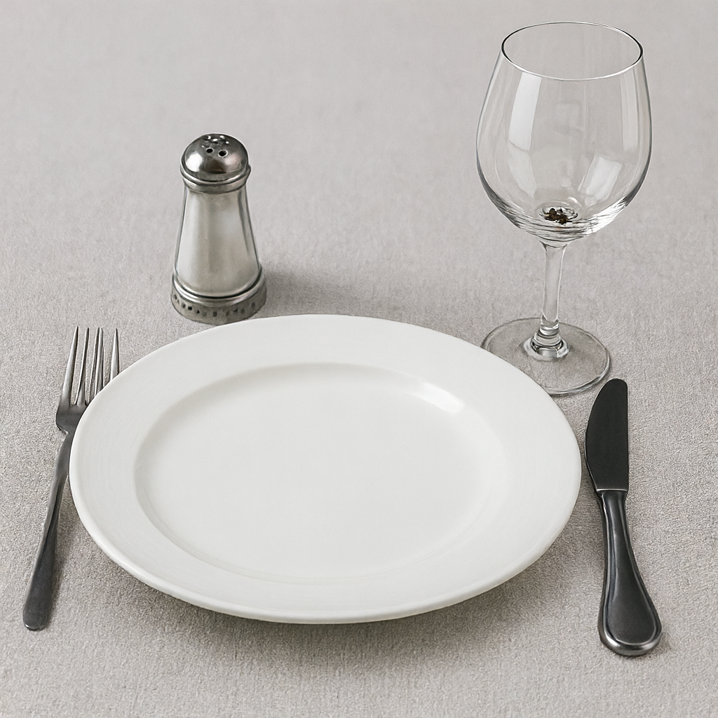 A dinner table scene with a plate, fork, knife, wine glass, 