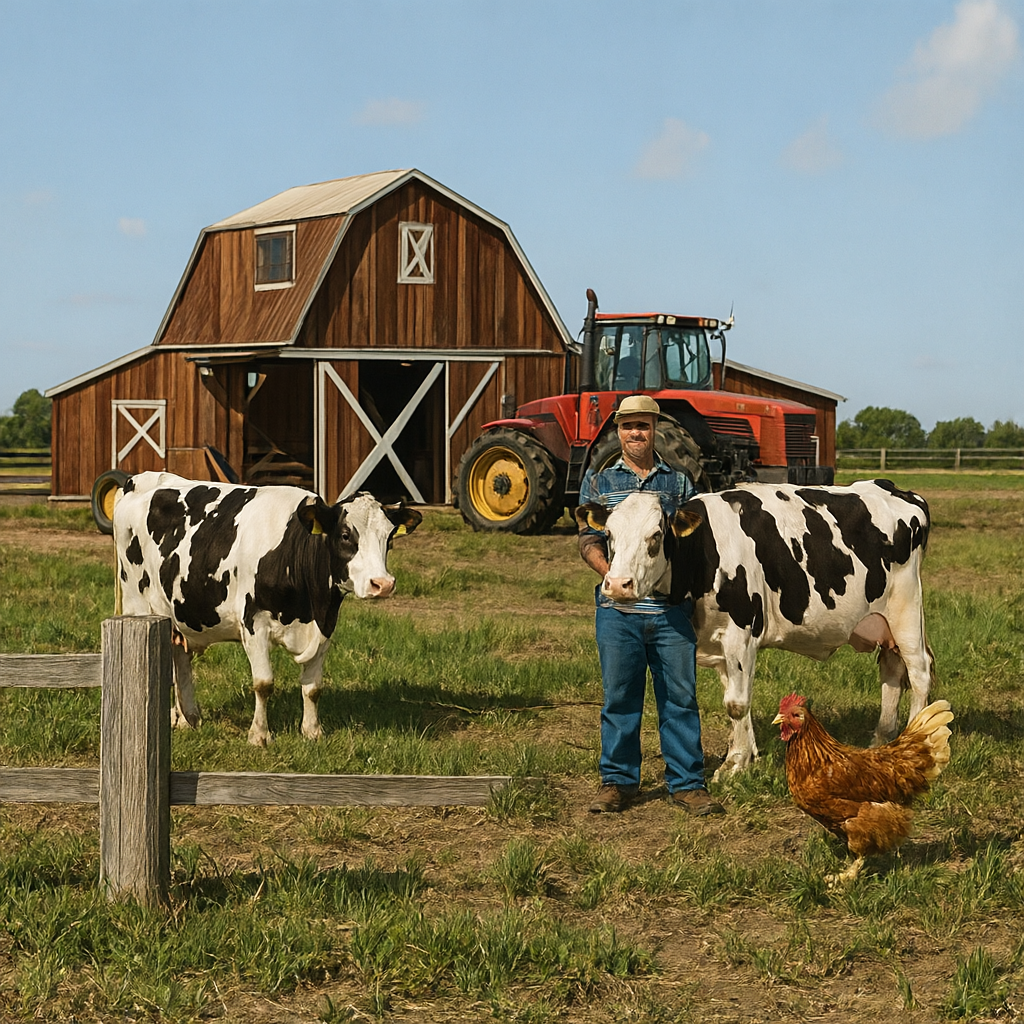 A farm scene with a barn, tractor, farmer, cow, chicken, and