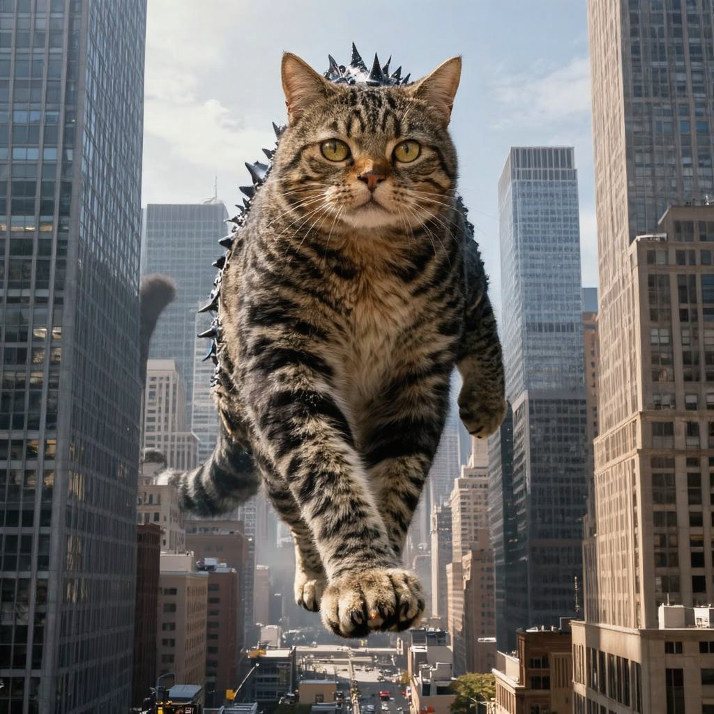 A giant tabby cat walking between city skyscrapers like a ka