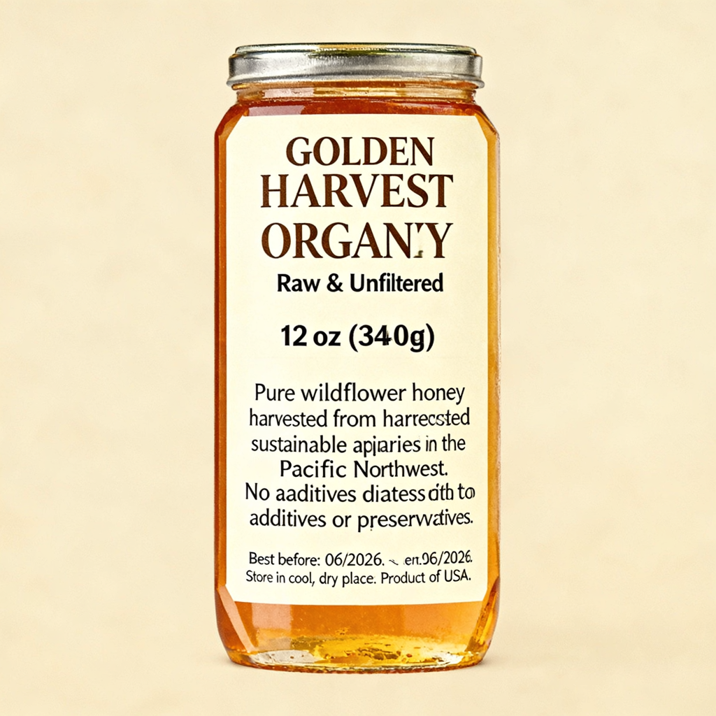 A product label for 'GOLDEN HARVEST ORGANIC HONEY' with subt