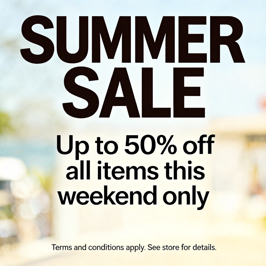 A poster with headline 'SUMMER SALE' in large bold text, bod