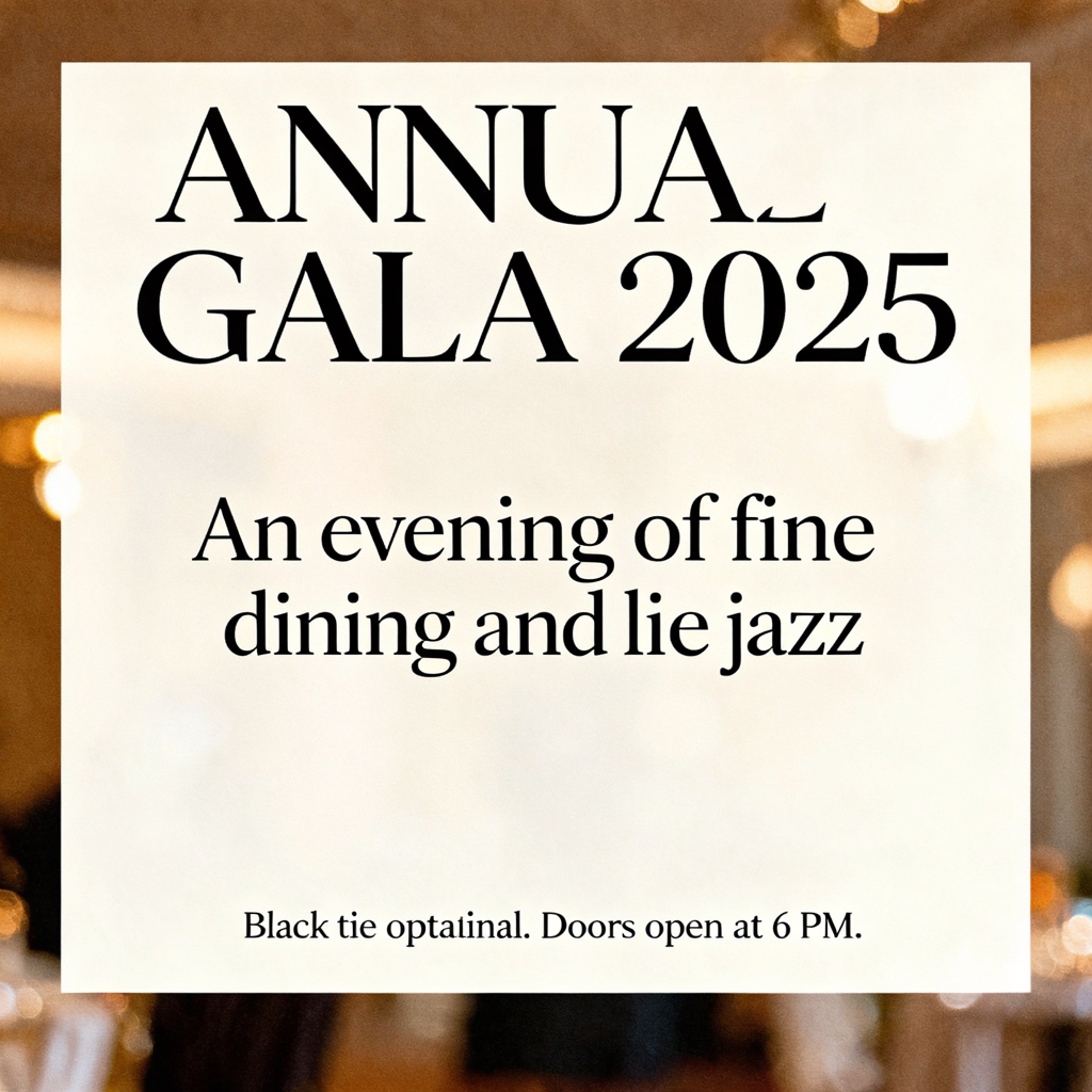 An event banner with headline 'ANNUAL GALA 2025' at the top 