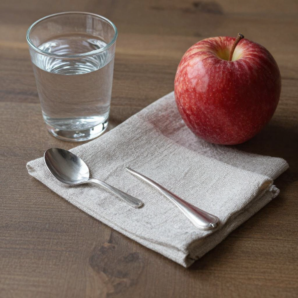 A still life on a wooden table featuring a clear glass of wa