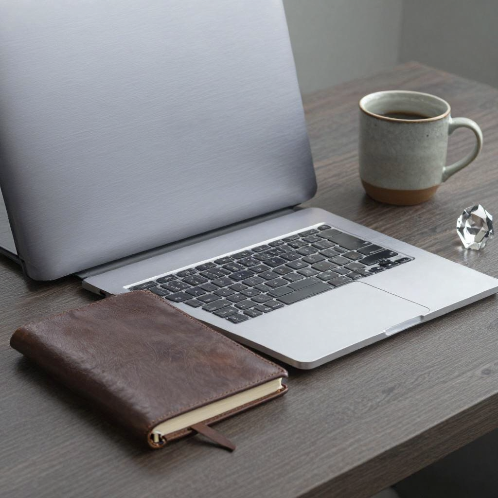 A workspace desk with a brushed aluminum laptop, a leather-b