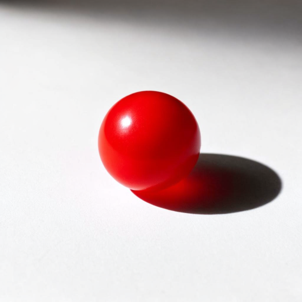 A red sphere on a white surface with a single shadow cast to