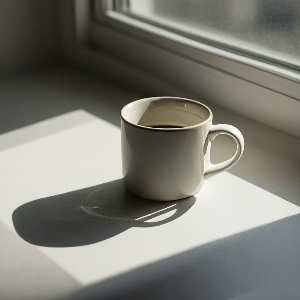 A coffee mug on a sunny windowsill casting a sharp shadow to