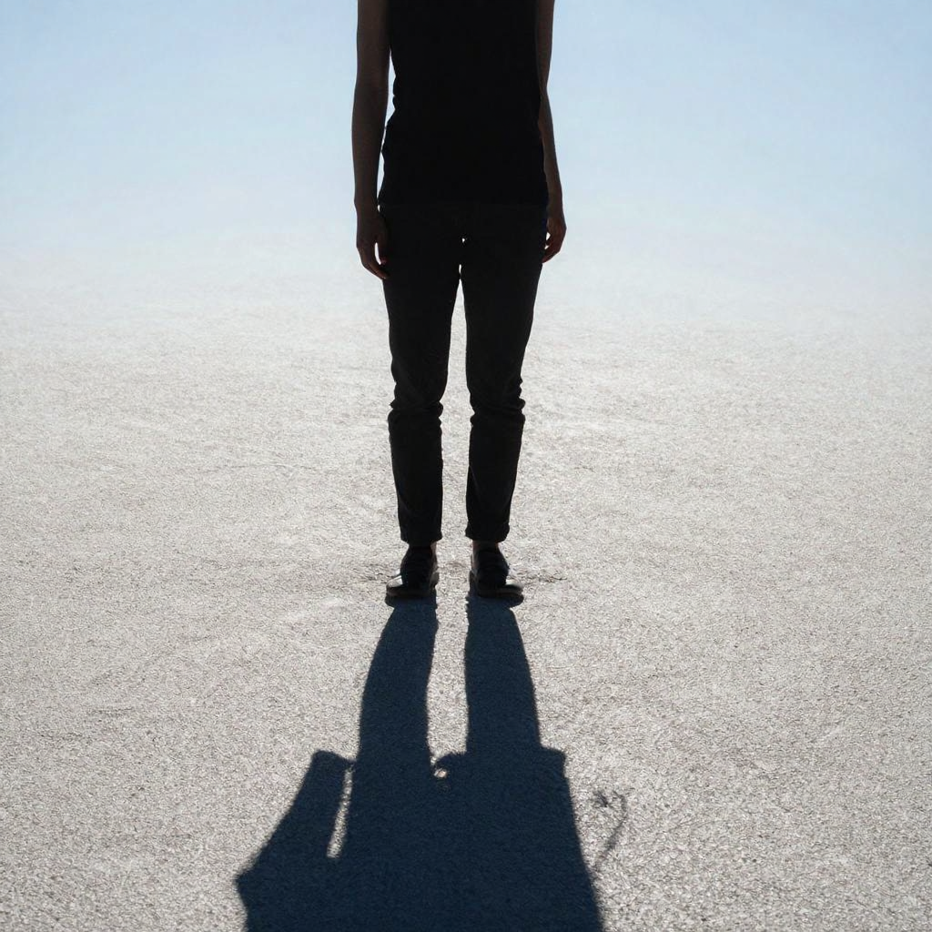 A person standing outdoors at midday with a short shadow dir