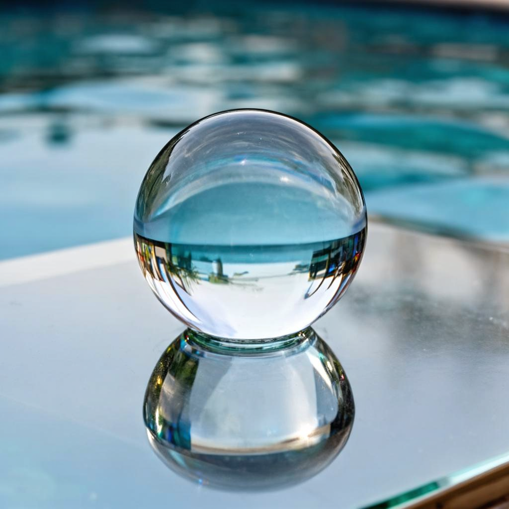 A clear glass sphere sitting on a mirror surface near a pool